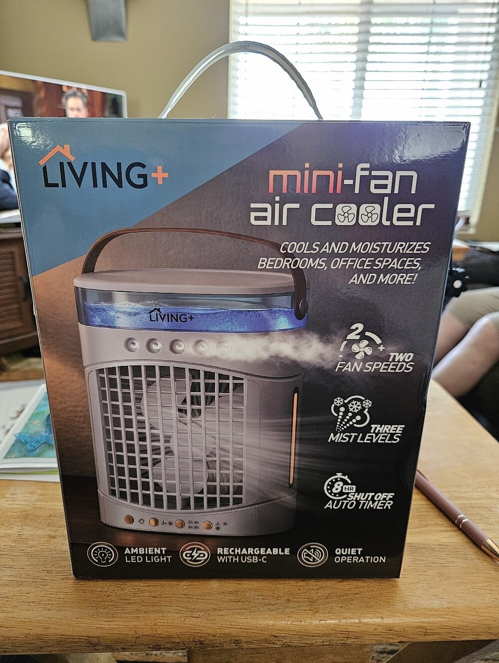 LIVING+ Mini-Fan Air Cooler in White and Blue. Still In Box. Never Used.